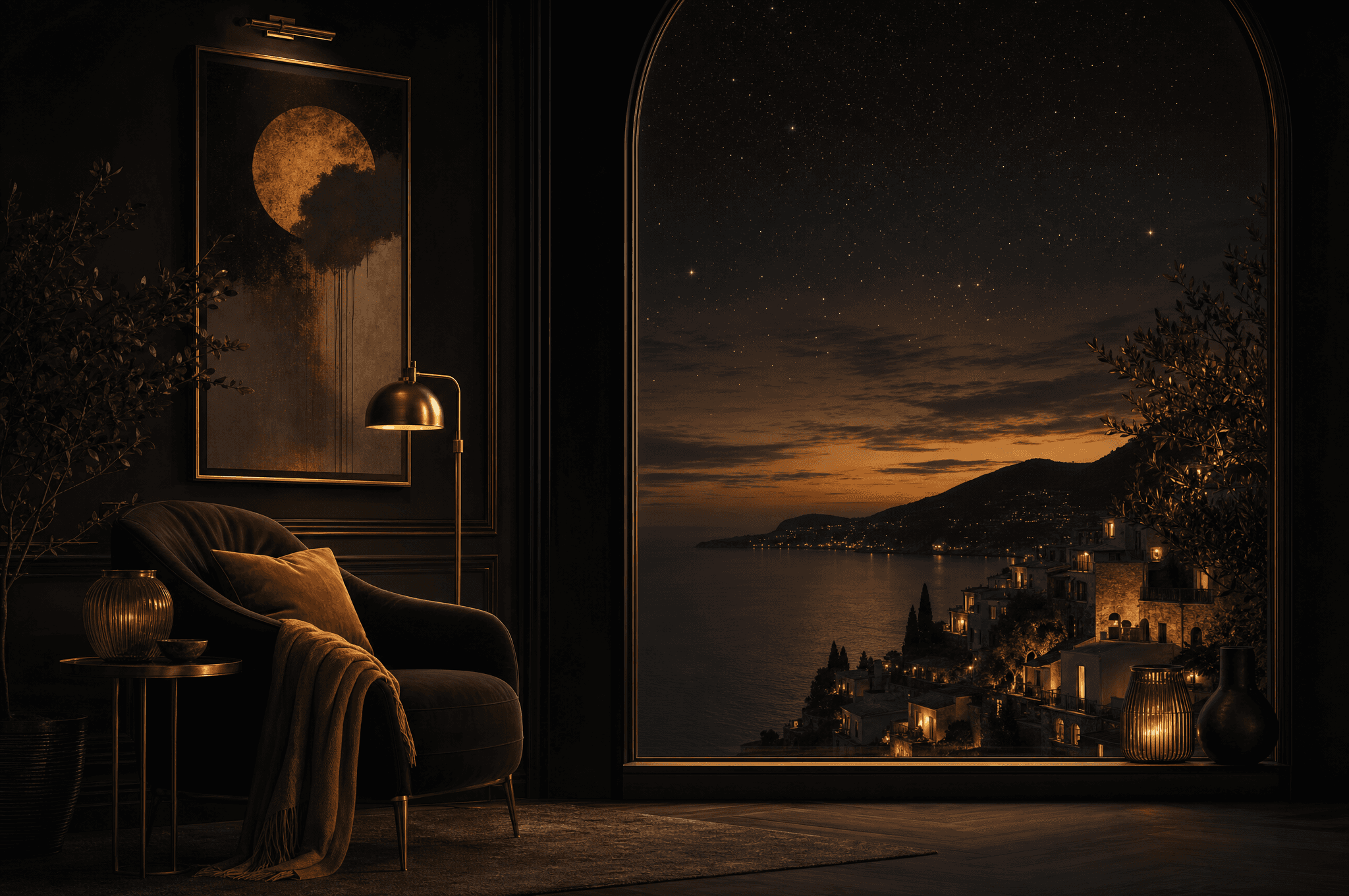 A welcoming, warmly lit doorway at dusk, brass light spilling out into the night
