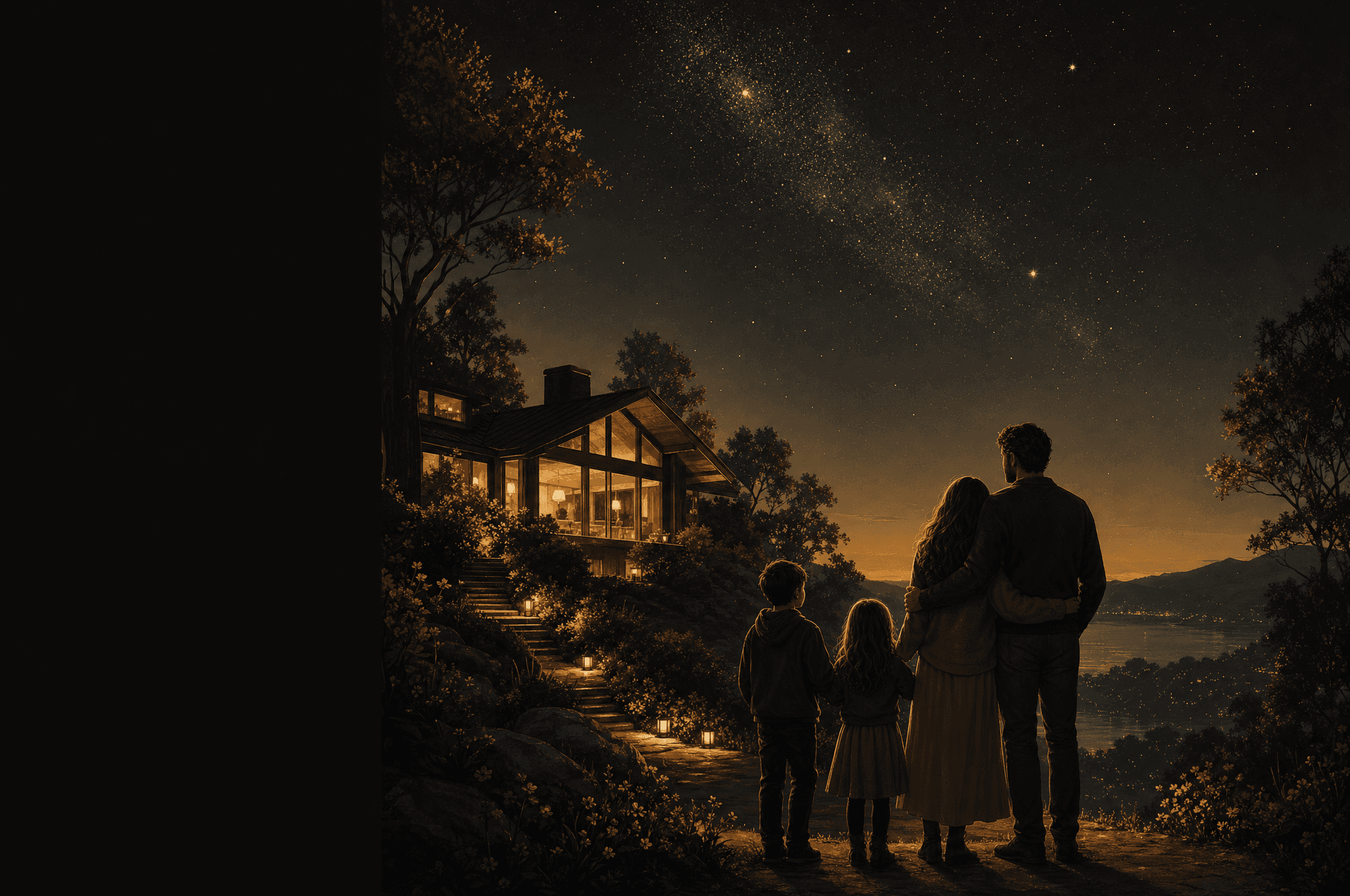 A family home glowing warmly under a starlit evening sky